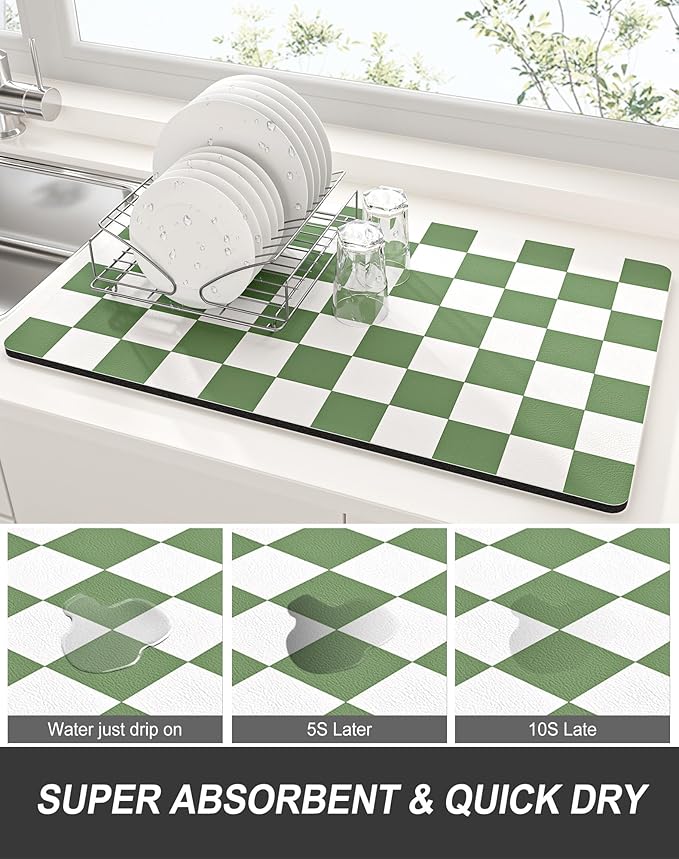 Rnivvi Dish Drying Mat for Kitchen Counter, XL 15 x 24" Cute Checkered Absorbent Draining Pad, Non-Slip Heat Resistant Coffee Bar Mat for Coffee Machine Station Accessories, Green White Dish Rack Pad - Image 3