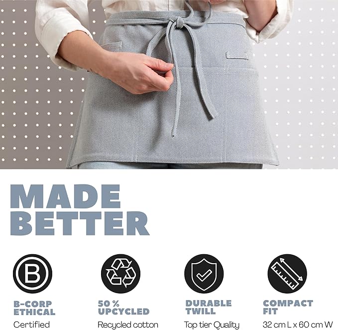 MEEMA Chef Waist Apron Cotton Fabric |Washable & Breathable Waitress & Server Half Aprons for Women with Pockets & Long Waist Straps | Cooking, Baking, Grilling & Crafting