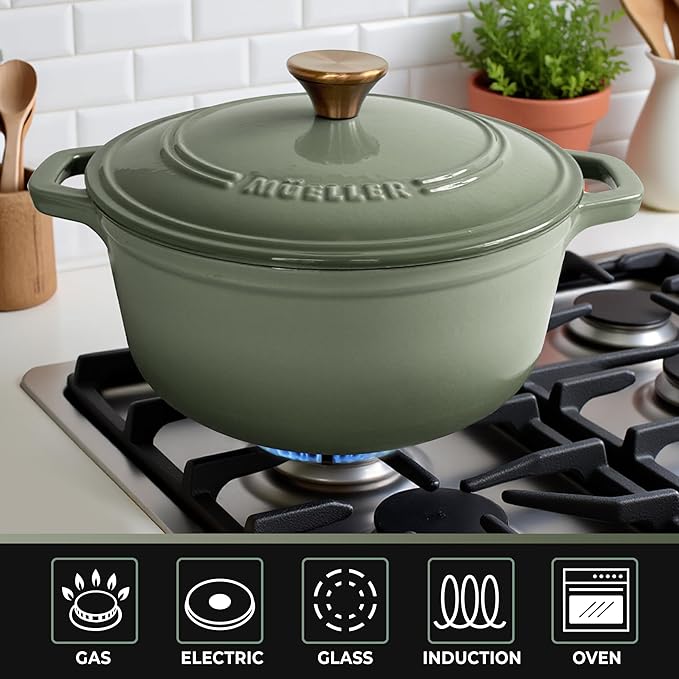MUELLER HOME 6 Quart Enameled Cast Iron Dutch Oven For Sourdough Bread Baking, Heavy-Duty, Oven-Safe up to 500° F & Across All Cooktops, Casserole Dishes, Green Kitchen Accessories, Thyme Green - Image 6