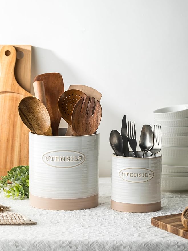 YHOSSEUN Utensil Holder Set of 2, Ceramic Utensil Holder for Kitchen Counter, 6.7"+5.1" Kitchen Utensil Crocks Spatula Holder for Countertop, Two-tone Finish Oval Opening - Image 3