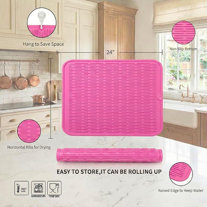 MicoYang Silicone Dish Drying Mat for Multiple Usage,Easy clean,Eco-friendly,Heat-resistant Silicone Mat for Kitchen Counter or Sink,Refrigerator or Drawer Liner Rose 2XL 24 inches x 18 inches - Image 2