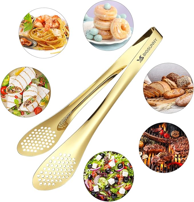 MSY BIGSUNNY Stainless Steel Buffet Tongs - 11" Kitchen Food Tong for Cooking and Serving, Set of 2, Gold - Image 2