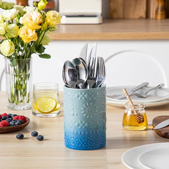 LOVECASA Utensil Holder, 7.2"+5.4" Ceramic Utensil Holder for Countertop, Large Cooking Utensil Crocks for Kitchen Counter, Farmhouse Utensil Vase for Housewarming, Kitchen Decor, Set of 2, Oceans - Image 7