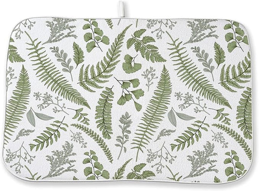 Sage Green Herb Leaves Dish Drying Mat 18 x 24 Inch Vintage Sage Green Leaf Plant Drying Mat for Kitchen Counter Absorbent Spring Summer Botanical Dishes Dry Pad for Drainer Rack Kitchen Fast Dry