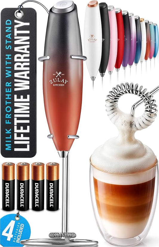 Zulay Kitchen Powerful Milk Frother Wand With 4 AA Duracell Batteries - Ultra Fast Handheld Drink Mixer - Electric Whisk Foam Maker for Coffee, Lattes, Cappuccino, Matcha & Creamer - Black and Red by ZulayKitchen