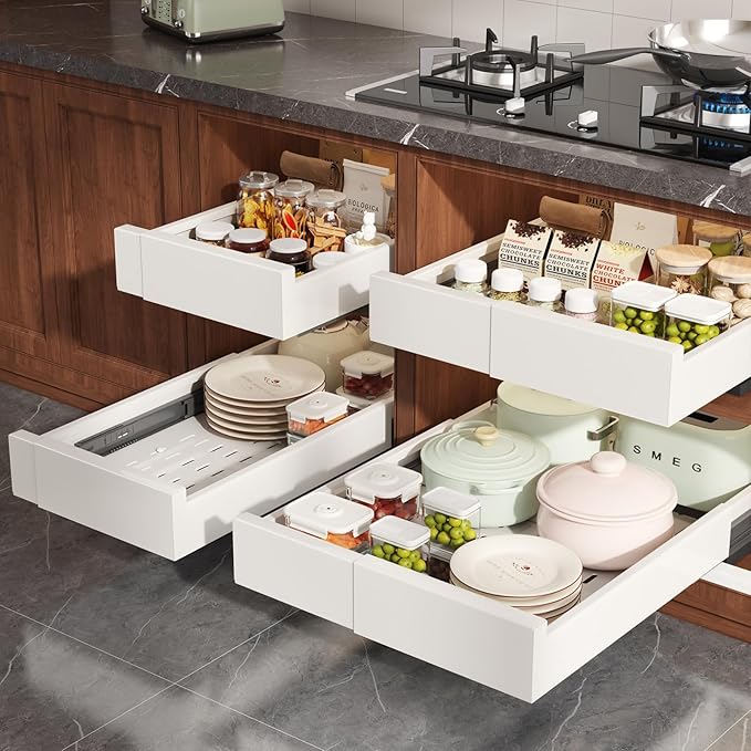 Seinloes 2 Pack Pull Out Cabinet Organizer Expandable Width(11"-16") and Depth(17"-24"),Slide Out Drawers with Raising Pad for Framed Cabinets,No Drill Roll Out Shelves for Kitchen,Bathroom,White - Image 6