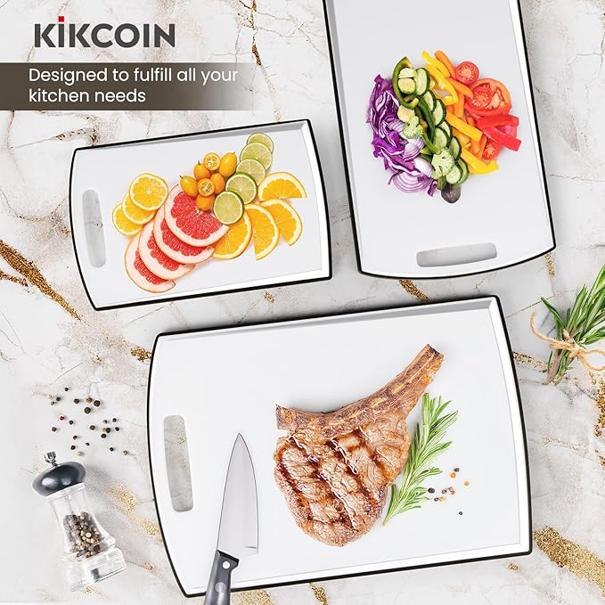 Non Slip Cutting Board, Kikcoin Extra Large Plastic Cutting Boards for Kitchen Dishwasher Safe Chopping Board Set of 3 with Juice Grooves, Easy Grip Handle - Image 4