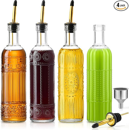 4 Pcs Olive Oil Dispenser Bottle for Kitchen,17oz Clear Glass Oil and Vinegar Dispenser Bottle Set, Classic Coffee Syrup Dispenser with 4 Stainless Steel Spouts and 1 Funnel (Round) by Ruiao