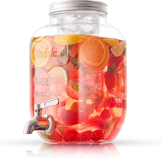 1-Gallon Drink Dispenser. Glass Beverage Dispenser with Stainless steel Spigot plus Ice Cylinder and Fruit Infuser! Water Dispenser, Lemonade Stand, Juice Container - Drink Dispensers for Parties by JoyJolt