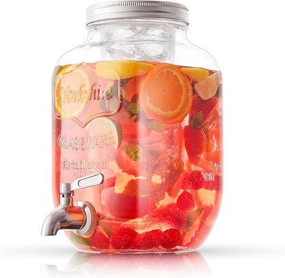1-Gallon Drink Dispenser. Glass Beverage Dispenser with Stainless steel Spigot plus Ice Cylinder and Fruit Infuser! Water Dispenser, Lemonade Stand, Juice Container - Drink Dispensers for Parties by JoyJolt