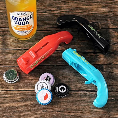 Cap Shooting Bottle Opener Gun - Launches Caps for World Cup Parties, BBQs & Adult Gatherings, Fun Gadget for Men, Unique Gag Gift for Sports Events (2pc black red)