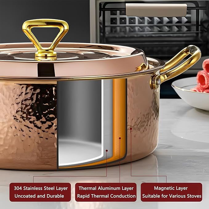 YJX 6.7QT Hammered Stock Pot with Lid, Copper Rose Gold, Tri-Ply Stainless Steel, Multi-Functional Cookware for Bake Roast Braise Saute, Magnetic Base, Dishwasher and Oven Safe (30CM)