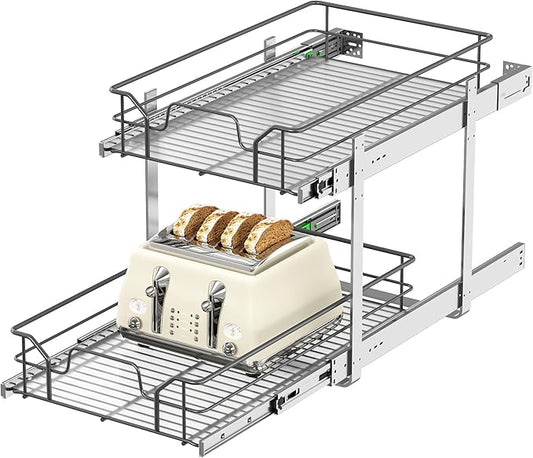 2-Tier Pull Out Cabinet Organizer (14" W x 22" D), Soft Close Cabinet Slide Out Shelves, Heavy Duty Slide Out Drawers with Shelf Liner for Kitchen Cabinets, Pantry Storage, Bathroom