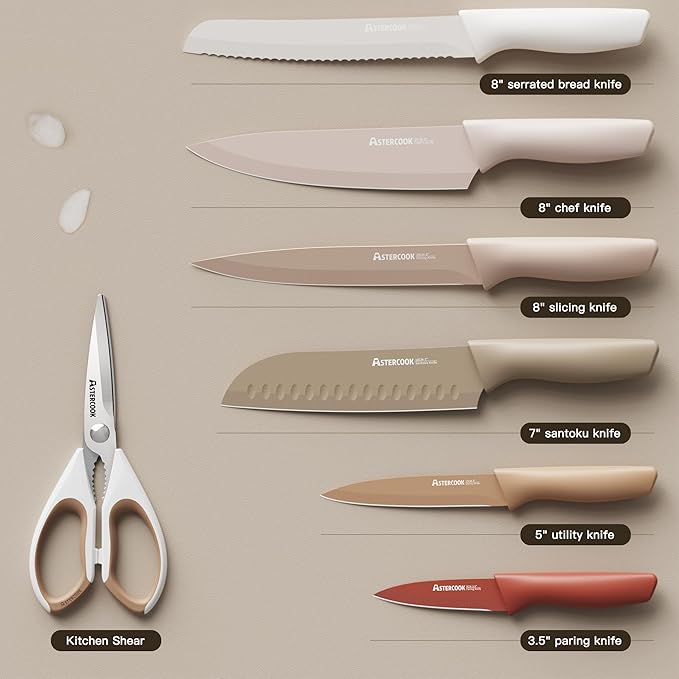 Astercook Knife Set, 13 Pieces Kitchen Knives Set with Healthy Anti-Rust Coating, Dishwasher Safe, Stainless Steel Chef Knife Sets with 6 Blade Guards, Perfect Mothers Day Gifts for Kitchen - Image 5