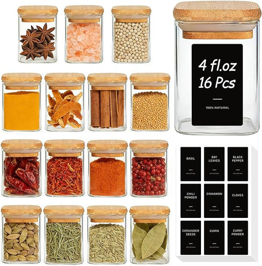 ComSaf Spice Jars with Label 4oz 16 Pack, Glass Spice Jars with Bamboo Lid, Mini Seasoning Containers with 54 Black Labels, Stackable for Kitchen, Pantry Organization, Loose Tea, Herbs, Powders, Salt by ComSaf