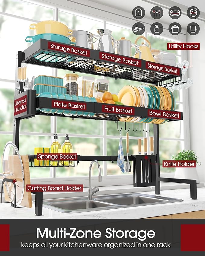 Sakugi Over The Sink Dish Drying Rack, Expandable 3-Tier Stainless Steel Kitchen Storage Organization Accessories for Countertop, Rustproof & Space-Saving, 31.5"–39.5" L x 12" W x 33" H, Black - Image 2