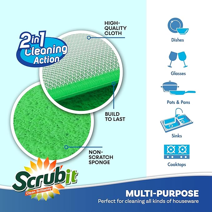 Scrub and Wipe Cleaning Pads [10 Pack] – SCRUBIT Dual Sided Scouring Pad and Sponge - Reusable Kitchen Scrubbing Sponges for Dishes, Pots, Pans Utensils & Non-Stick Cookware (Green) - Image 3