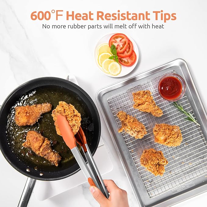 600ºF Heat Resistant Kitchen Tongs: U-Taste 12 inch Large Silicone Cooking Tong with Sturdy Non Stick Rubber Tips & Silicon Coated 18/8 Stainless Steel Handle & Smooth Locking for Serving Grill-Orange - Image 3