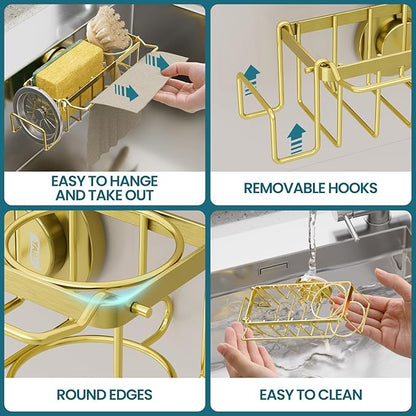 TAILI Sponge Holder with Strong Suction Cup, 4-in-1 Rustproof Sink Organizer - Sink Caddy Holds Sponges, Brushes, Stoppers & Scrapers -Gold - Image 6