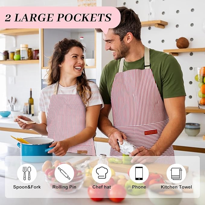 2Pack Adjustable Kitchen Apron for Women Men with 2 Pockets，Cotton-Polyester Blend Bib Aprons for Cooking,Baking - Image 4