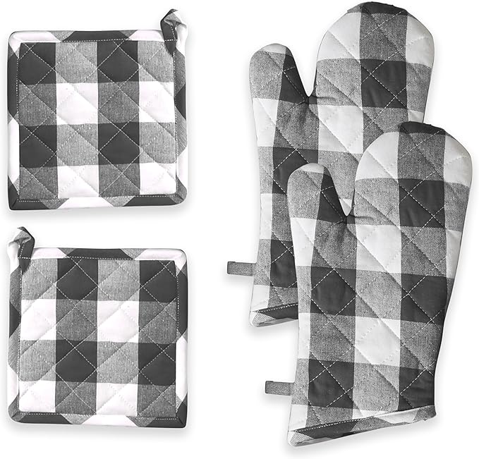 Oven Mitt & Pot Holder Buffalo Plaid Check 100% Cotton Heat Resistant Oven Gloves (7"x13") & Hot Pads (8"x8") Combo for Baking, Cooking - Grey