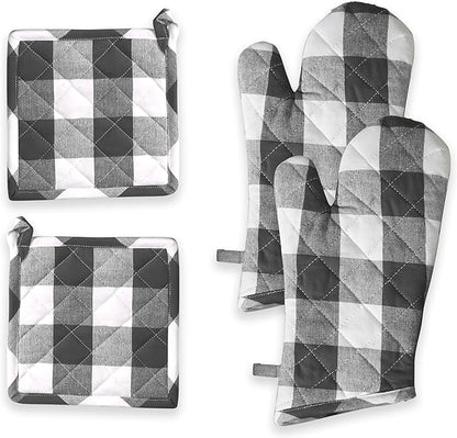 Oven Mitt & Pot Holder Buffalo Plaid Check 100% Cotton Heat Resistant Oven Gloves (7"x13") & Hot Pads (8"x8") Combo for Baking, Cooking - Grey