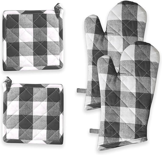 Oven Mitt & Pot Holder Buffalo Plaid Check 100% Cotton Heat Resistant Oven Gloves (7"x13") & Hot Pads (8"x8") Combo for Baking, Cooking - Grey