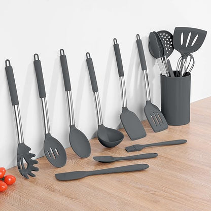 Onader Kitchen Cooking Utensils Set of 15, Silicone and Stainless Steel Utensils Spatula Set with Holder, Heat Resistant & Dishwasher Safe - Grey - Image 9