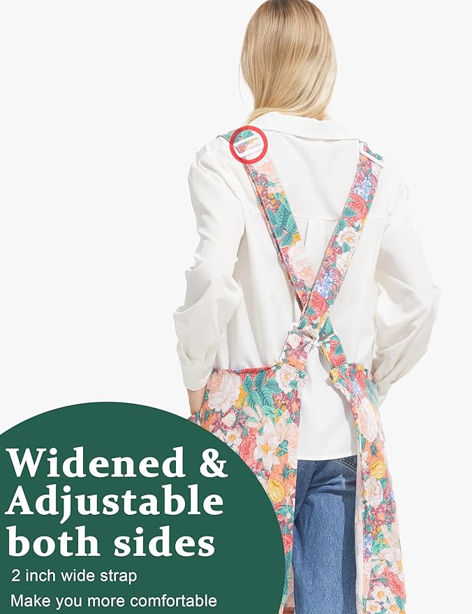Cozy Adjustable Cross Back Aprons for Women with Pockets Cotton Linen Cooking Kitchen Baking