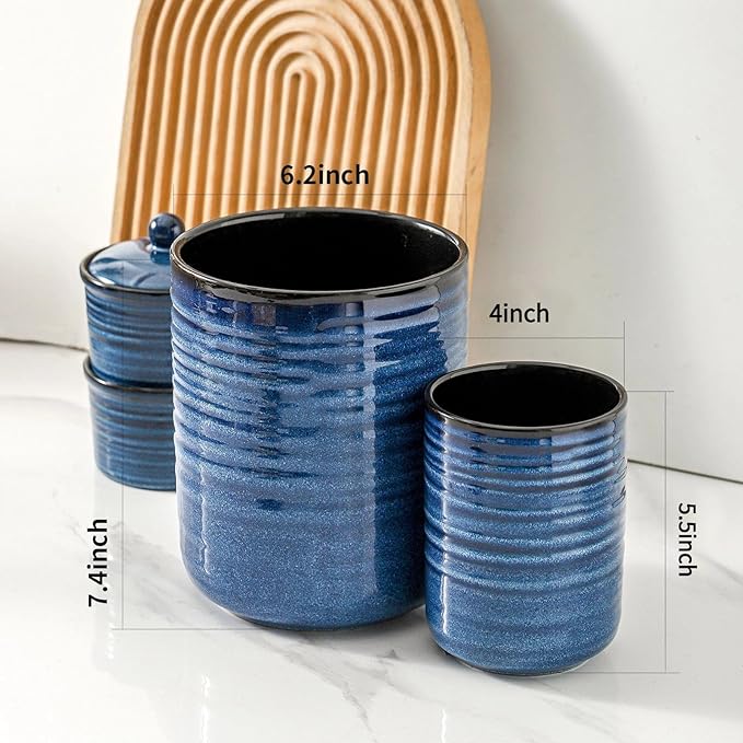 HASENSE Ceramic Utensil Holder Set of 2 (7.4"+5.5"), Modern Farmhouse Kitchen Utensil Crocks for Countertop, Blue Kitchen Tool Organizer for Spatulas, Whisks, Tongs & Cooking Tools