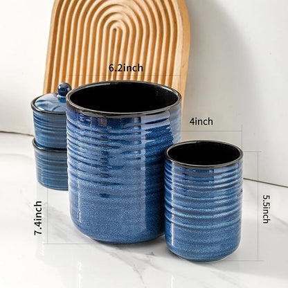 HASENSE Ceramic Utensil Holder Set of 2 (7.4"+5.5"), Modern Farmhouse Kitchen Utensil Crocks for Countertop, Blue Kitchen Tool Organizer for Spatulas, Whisks, Tongs & Cooking Tools