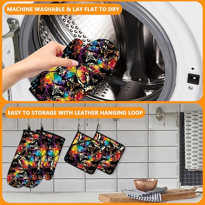 Colorful Butterfly Oven Mitts and Pot Holders Sets 4Pcs,Extra Long Oven Gloves Potholder for Kitchen Cooking Baking BBQ 100% Cotton Heat Resistant - Image 5