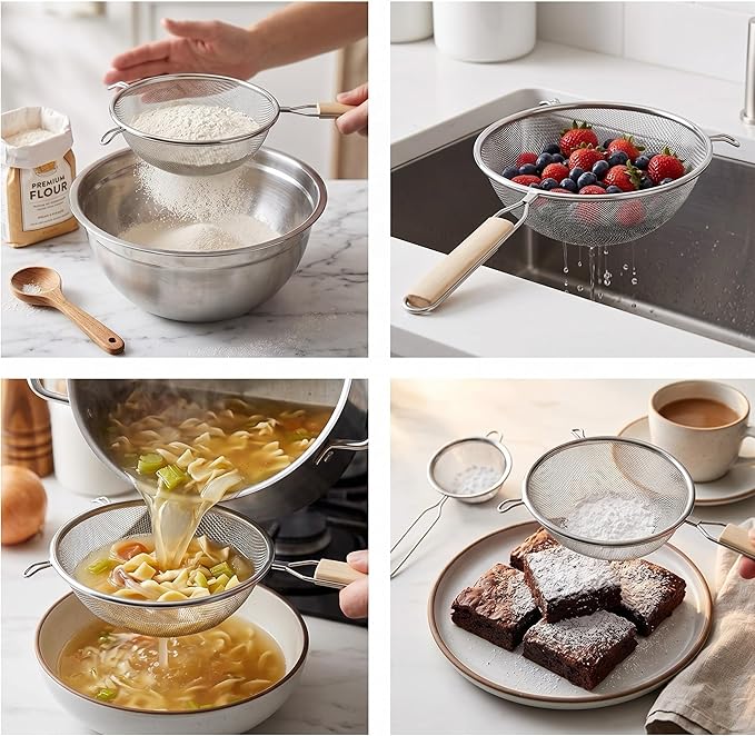 Huji 8-Inch Stainless Steel Double Mesh Food Strainer Colander - Fine Sieve Sifter with Wooden Handle for Kitchen Cooking, Pasta, Rice, Noodles, and More - Image 5