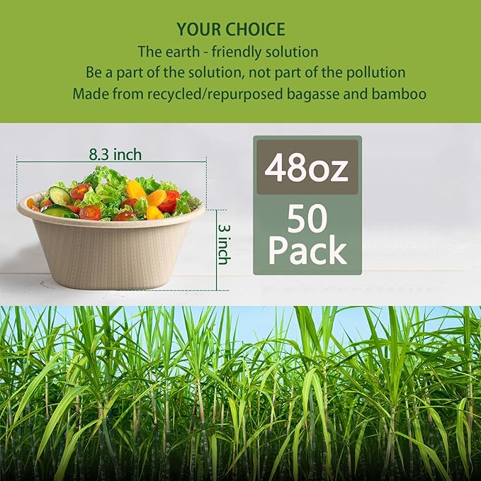 Homestockplus 48 Oz Disposable Bowls - Heavy Duty and Compostable Bowl - Made from Sugarcane and Bamboo Fibers, Microwave Safe - Large Paper Bowl for Soup, Salad, Ramen, Popcorn, etc. [50 Pack] - Image 2