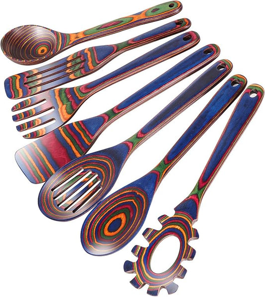 MYRAINBOW Wooden Spoons for Cooking – 7 Piece Pakkawood Kitchen Utensils Set with Spatulas, Spoons, Ladles, and Turner for Mixing, Serving & Cooking by Myrainbow