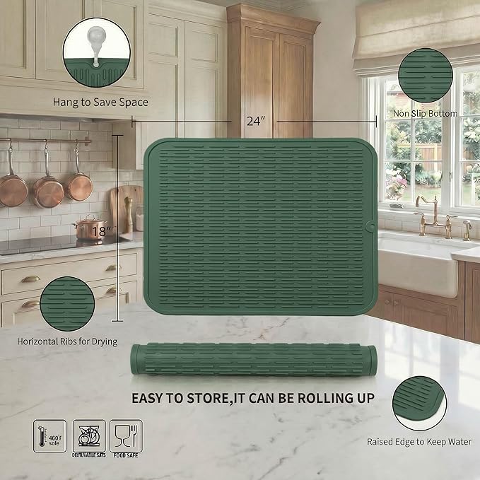 MicoYang Silicone Dish Drying Mat for Multiple Usage,Easy clean,Eco-friendly,Heat-resistant Silicone Mat for Kitchen Counter or Sink,Refrigerator or Drawer Liner Green 2XL 24 inches x 18 inches - Image 2