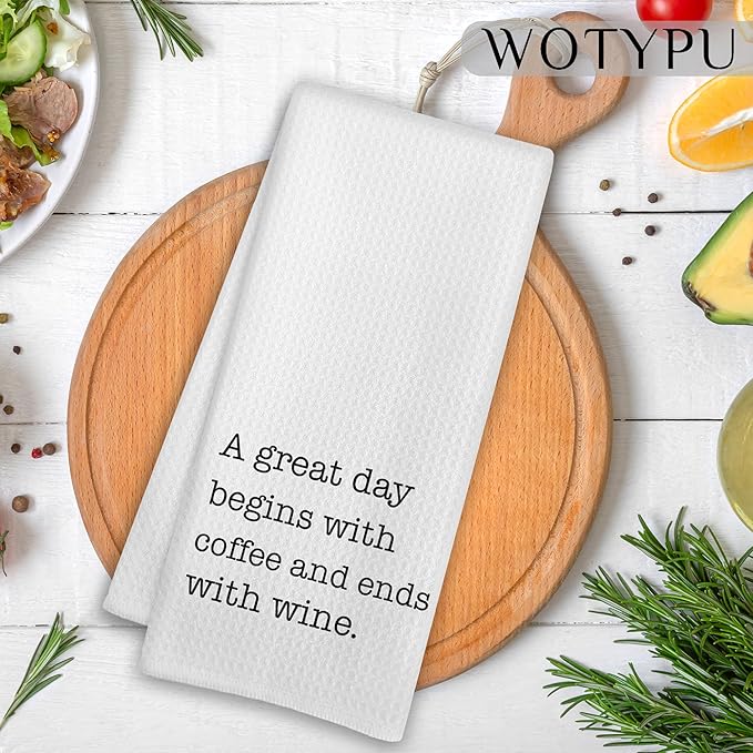 Funny Kitchen Bar Towels, Coffee Wine Lover Gifts Dish Tea Towels for Kitchen, A Great Day Begins with Coffee and Ends with Wine Decorative Hand Towel, 16x24 Inch