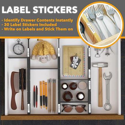 SpaceAid Bamboo Drawer Dividers with Inserts and Labels, Kitchen Adjustable Drawer Organizers, Expandable Organization for Home, Office, Dressers, 4 Dividers with 9 Inserts (17"-22" Black) - Image 3