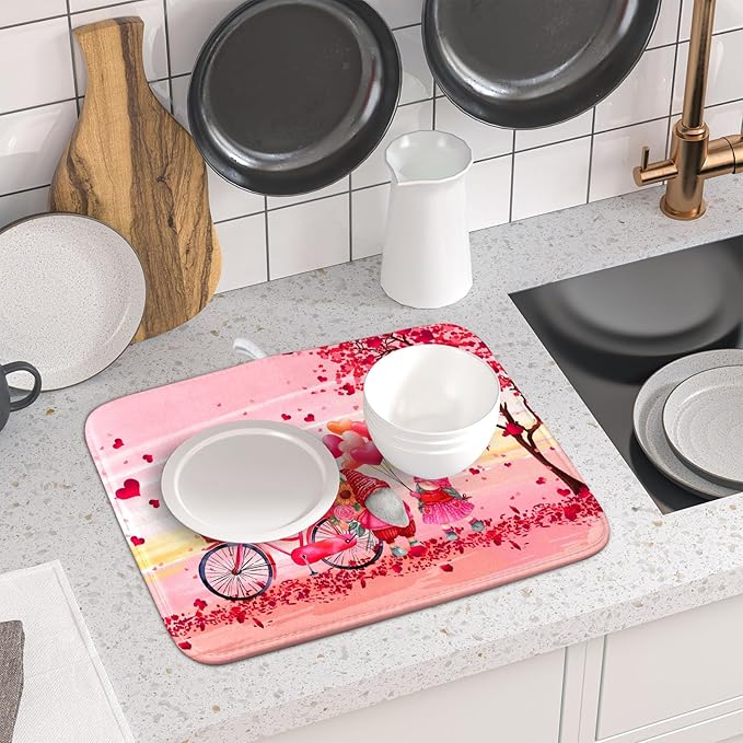 Pink Heart Valentine's Day Gnomes Dish Drying Mat for Kitchen Counter,Pink Bicycle Love Tree Drying Mat 16 x 18 Inch with Absorbent Reversible Microfiber Dish Drying Pad Dish Rack Pad for Coffee Bar - Image 6
