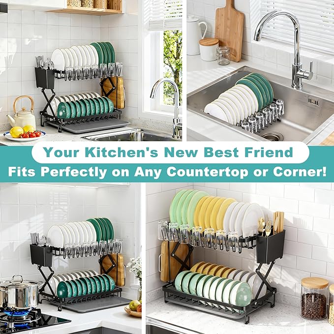 2-Tier Dish Racks for Kitchen Counter, Stainless Steel Kitchen Dish Drying Rack Large Dish Drainers for Kitchens Counter, Space Saving Dishes Strainer for Bowl, Plate, Cup - Modern Counter Organizer - Image 8