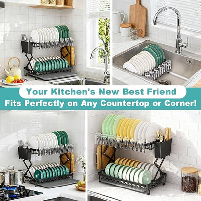 2-Tier Dish Racks for Kitchen Counter, Stainless Steel Kitchen Dish Drying Rack Large Dish Drainers for Kitchens Counter, Space Saving Dishes Strainer for Bowl, Plate, Cup - Modern Counter Organizer - Image 8