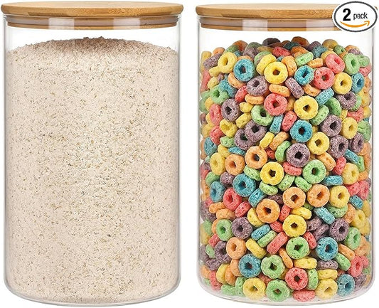 Moretoes 2 Pack 3.6qt Round Glass Storage Containers with Bamboo Press Lids, Extra Large Airtight Pantry Storage Jars for Flour, Sugar, Bulk Dry Goods