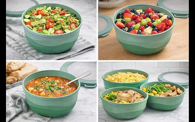Pera Mixing Bowls with Lids Set, 8 Piece (4 Bowls + 4 Airtight Lids), BPA Free Nesting Kitchen Bowl Set for Mixing & Food Storage, Microwave & Dishwasher Safe (Green)