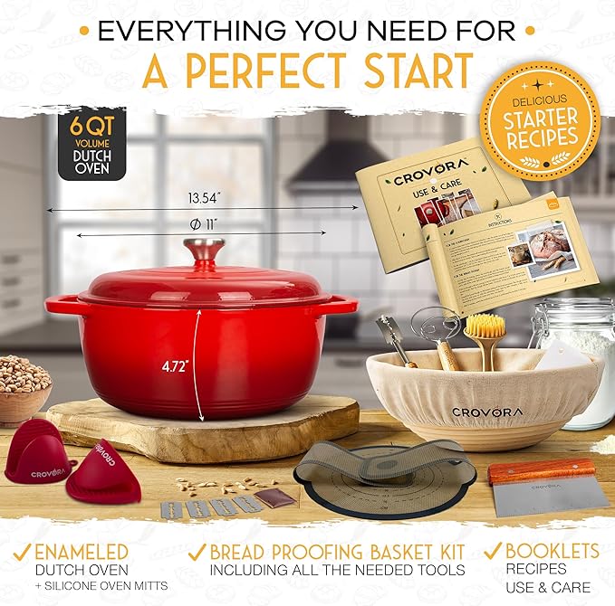 Crovora 6 QT Enameled Cast Iron Dutch Oven for Bread Baking with Lid - Incl. Sourdough Bread Baking Supplies like Banneton Bread Proofing Basket, Cast Iron Bread Oven, Bread Pan, bread making tools