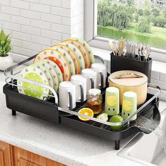 SAYZH Dish Drying Rack - Expandable Dish Rack for Kitchen Counter, Rust-Resistant Dish Drainer with Utensil Holder and Raised Guardrail, Kitchen Organizer for Cup and Bottle (Black) by SAYZH