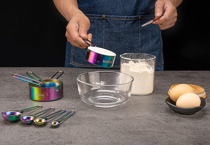 WELLSTAR Measuring Cups and Spoons Set of 8, Food Grade 18/8 Stainless Steel Measure set for Dry Liquid Measurement, Rainbow Titanium Coated Kitchen Gadgets for Cooking Baking, 4 Cup and 4 Spoon