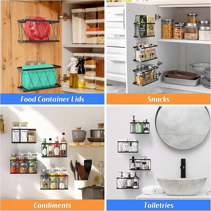 BasicForm 4 Pack Metal Kitchen Inside Cabinet Door Organizer, Adhesive Lid Organizers Cabinet Door Storage for Tupperware Lid, Storage Holder Basket for Kitchen Wall Mounted (Black) - Image 5
