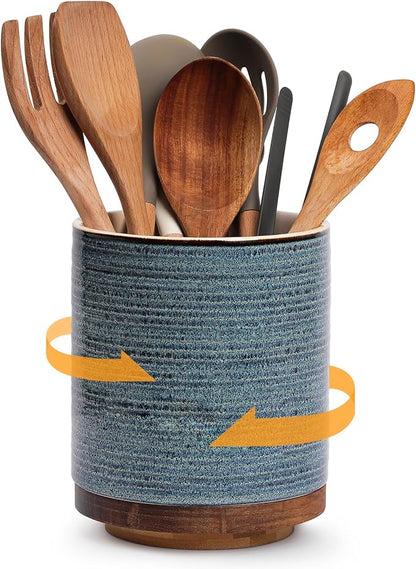 DOWAN 360° Rotating Extra Large Cooking Utensil Holder, 7.6" Kitchen Utensil Holder for Countertop, Utensil Crock for Farmhouse Kitchen Decor, Ceramic Stable Utensil Caddy, Blue by DOWAN