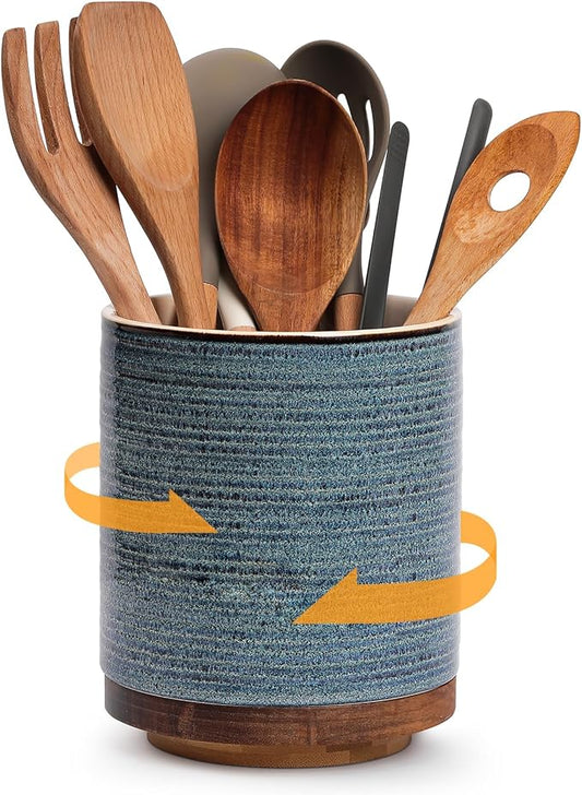 DOWAN 360° Rotating Extra Large Cooking Utensil Holder, 7.6" Kitchen Utensil Holder for Countertop, Utensil Crock for Farmhouse Kitchen Decor, Ceramic Stable Utensil Caddy, Blue by DOWAN