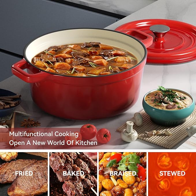Miereirl 6.5 Quart Enameled Dutch Oven Pot with Lid, Cast Iron Dutch Oven with Dual Handles for Bread Baking, Cooking, Non-stick Enamel Coated Cookware (Red) - Image 6